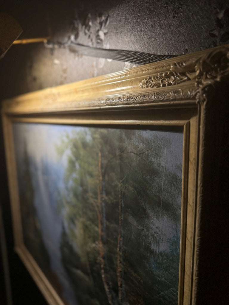 Robert A. Boit Forest Waterfall in Morning Light – Signed Oil on Canvas, Tonalist Landscape in Ornate Frame