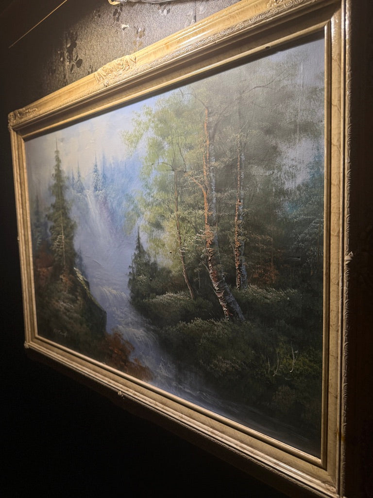 Robert A. Boit Forest Waterfall in Morning Light – Signed Oil on Canvas, Tonalist Landscape in Ornate Frame