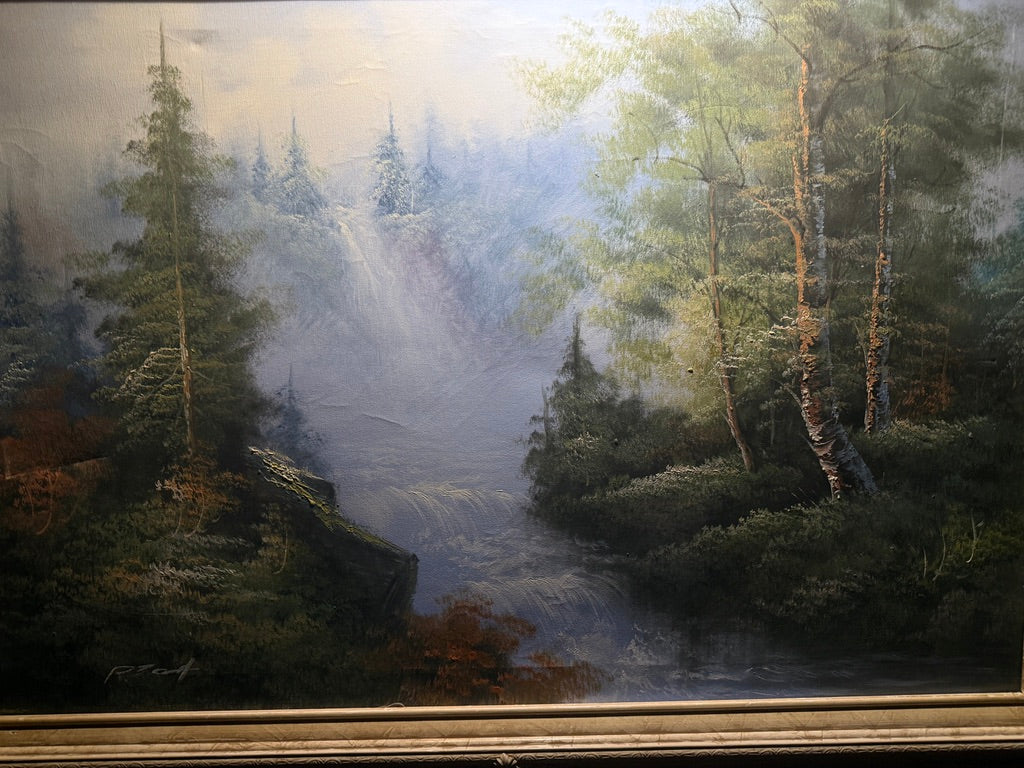Robert A. Boit Forest Waterfall in Morning Light – Signed Oil on Canvas, Tonalist Landscape in Ornate Frame