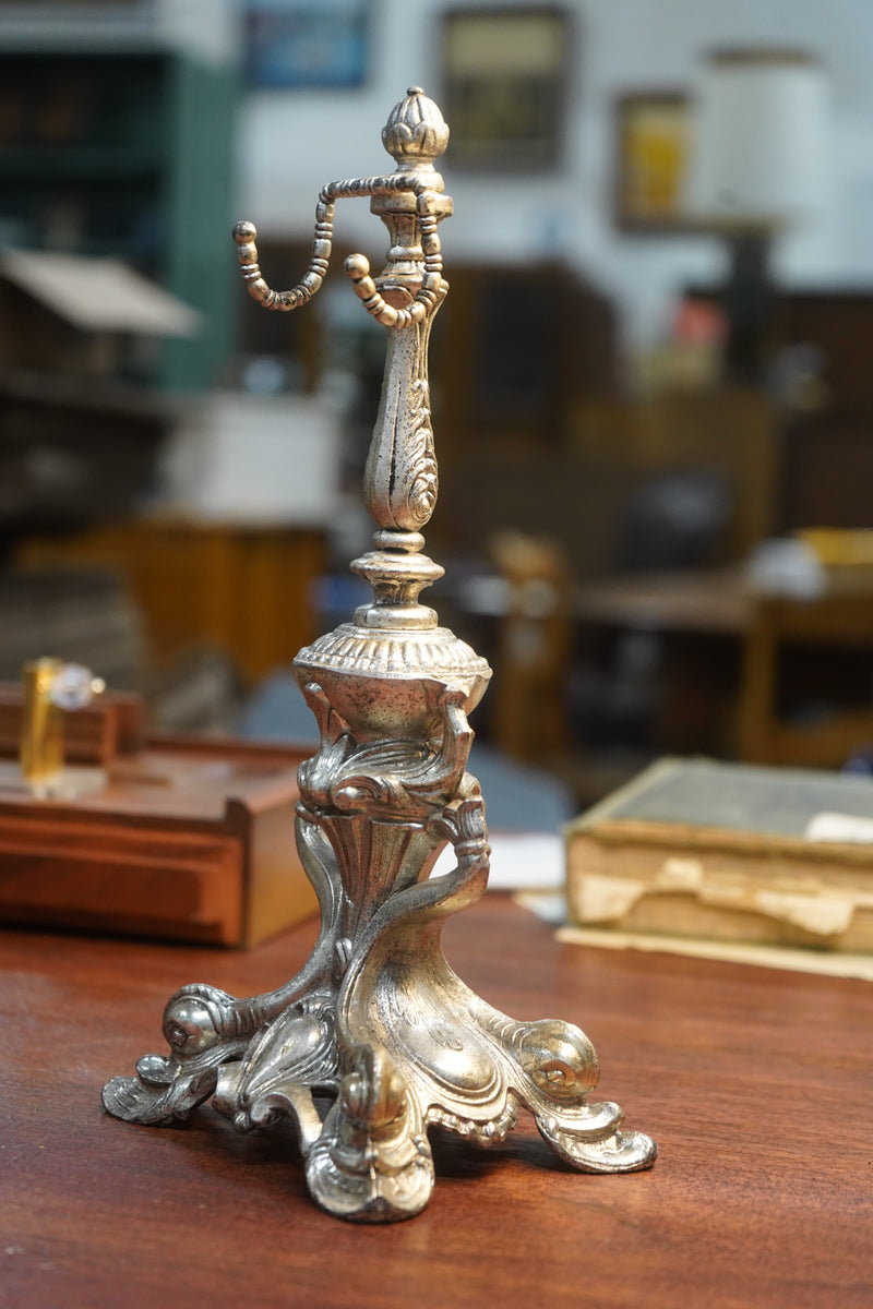 Rococo Revival Antique Pocket-Watch Stand — Silvered Cast-Metal Holder with Scrolled Base, c. Late 19th–Early 20th Century