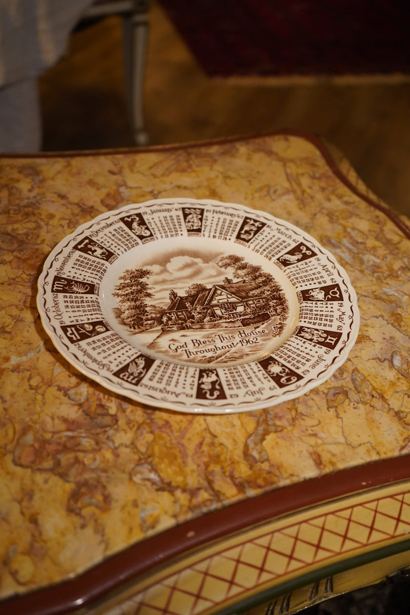 Royal Staffordshire "God Bless This House" 1962 Calendar Plate, Brown Transferware with Zodiac Border