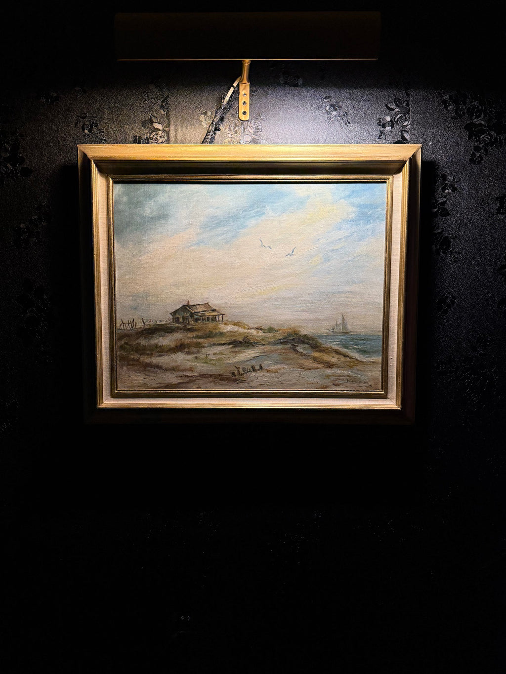 Coastal Scene with Cottage and Sailing Ship, Oil on Canvas, Christine Kruger, c. 1950s–1970s