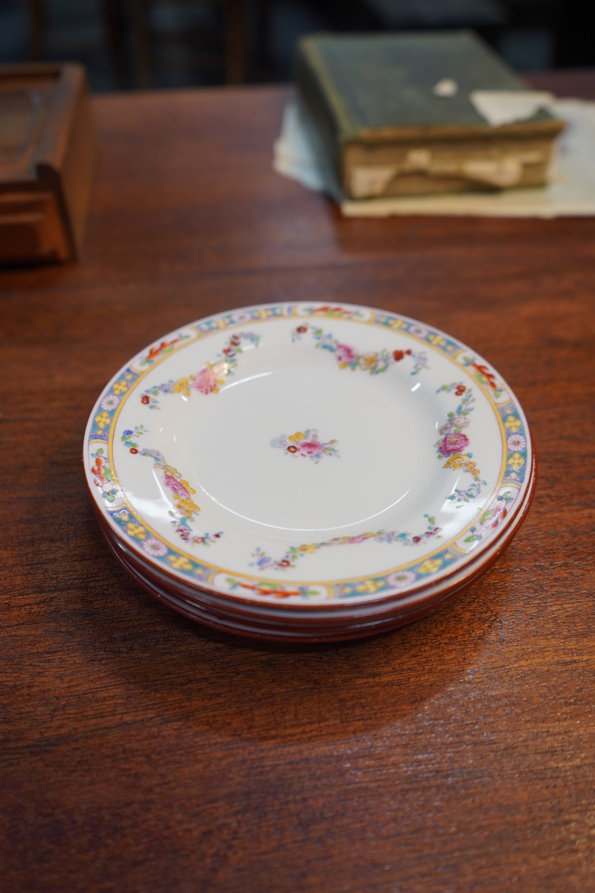 Set of (4) Antique Minton Plates — Turquoise Jeweled Border with Floral Swags, Pattern A4707, England, c. 1900