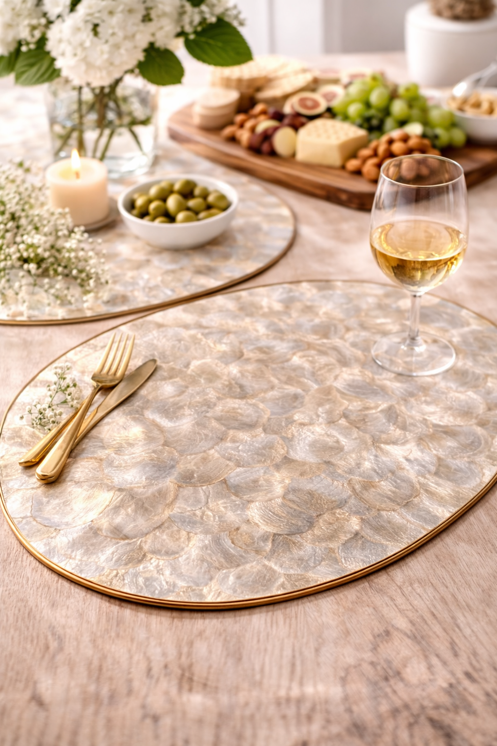 Set of 6 Capiz Shell Placemats with Gold Rim, c.1980's