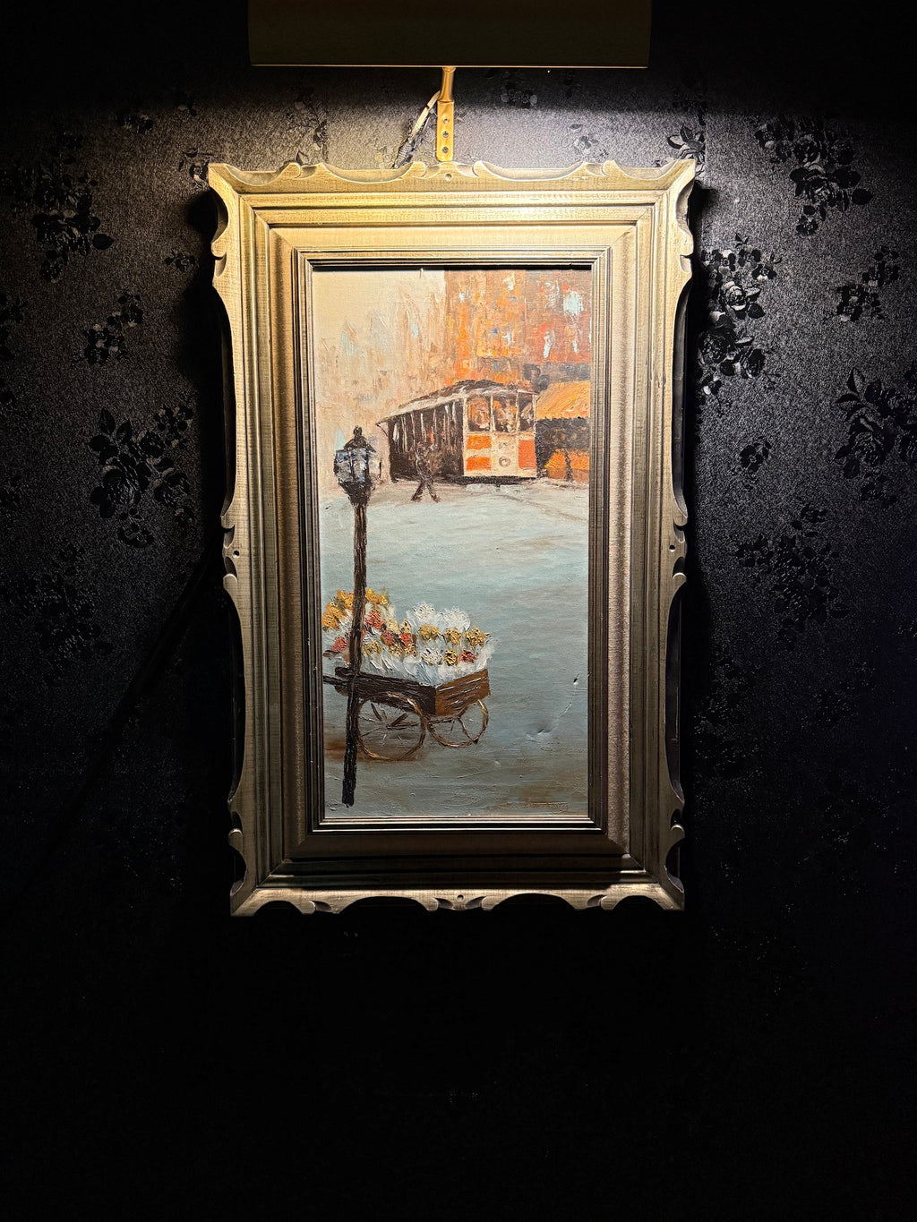 Parisian Street Scene with Tram and Flower Cart, Oil on Canvas, Edna Carter, c. 1960s–1970s