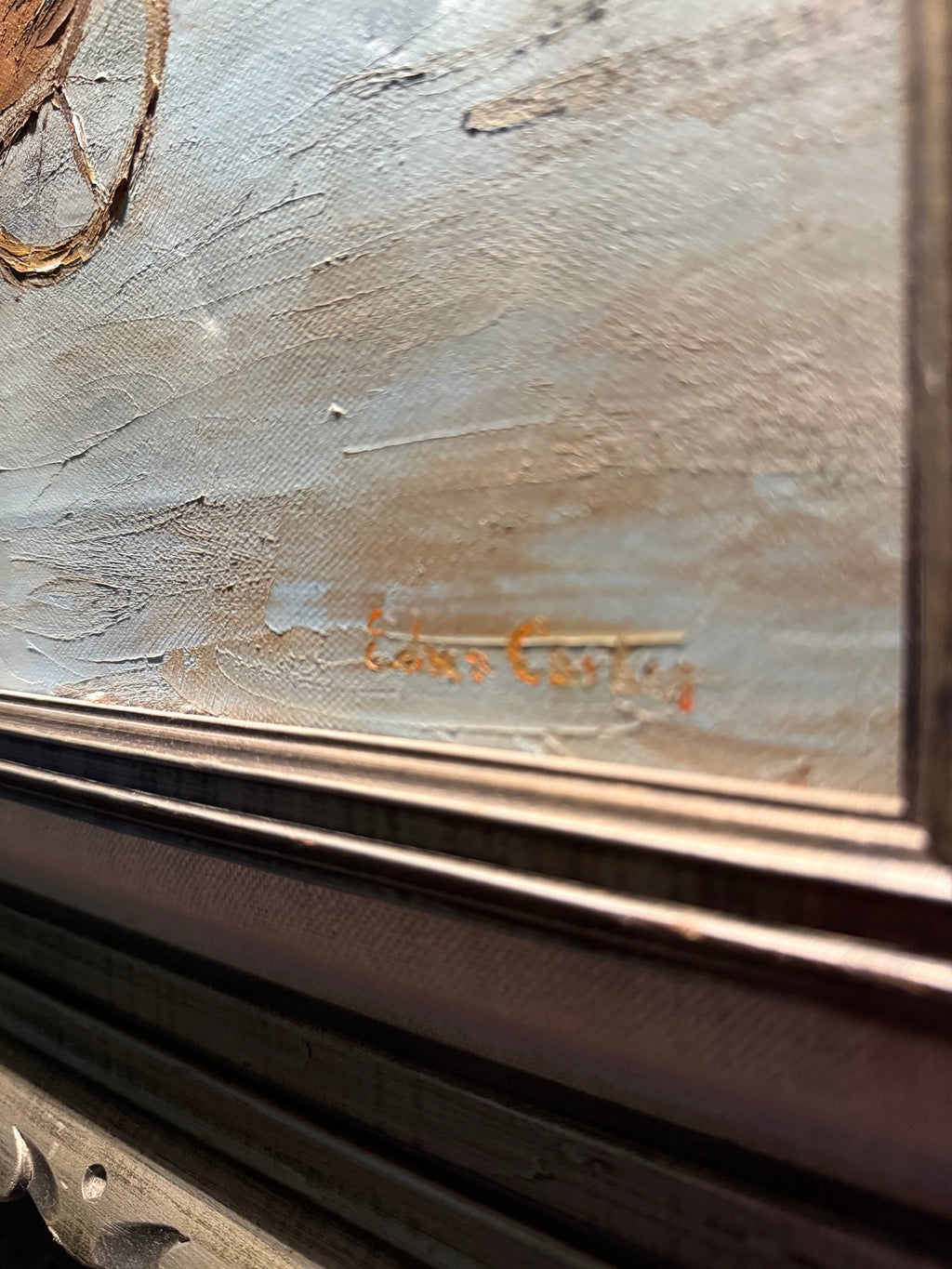 Parisian Street Scene with Tram and Flower Cart, Oil on Canvas, Edna Carter, c. 1960s–1970s