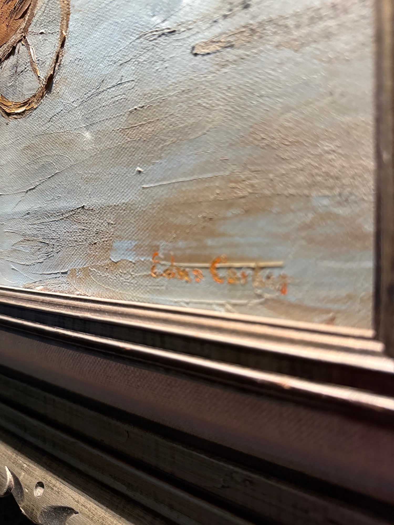 Parisian Street Scene with Tram and Flower Cart, Oil on Canvas, Edna Carter, c. 1960s–1970s