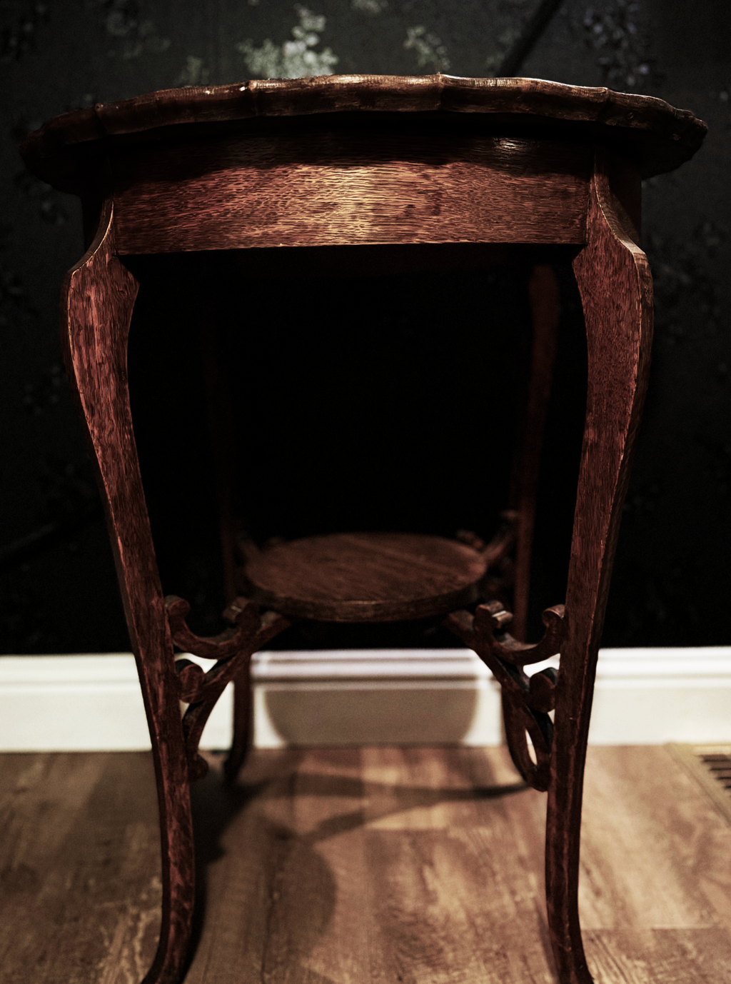Victorian Rococo Revival Carved Wood Side Table with Cabriole Legs and Scalloped Top