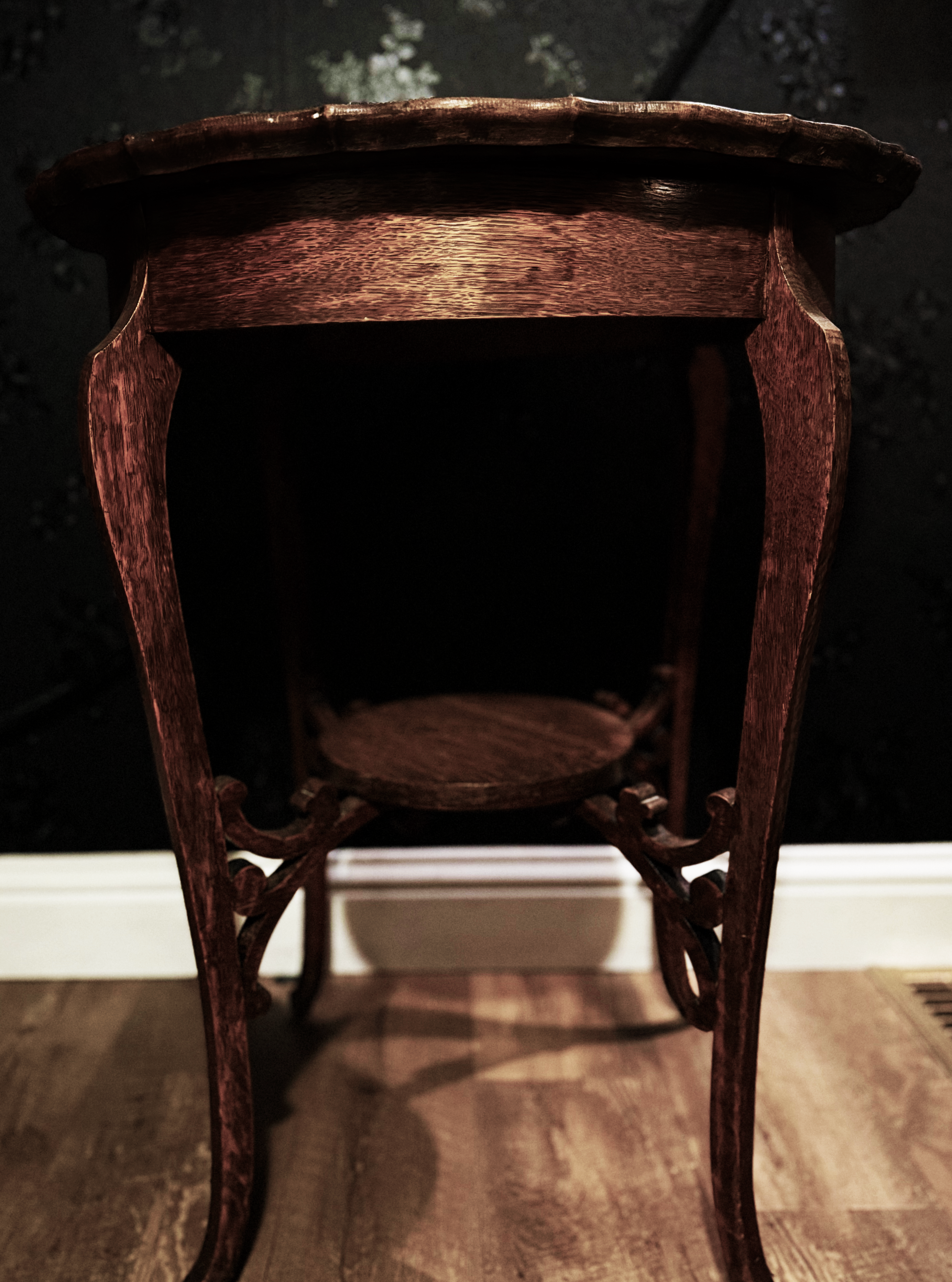 Victorian Rococo Revival Carved Wood Side Table with Cabriole Legs and Scalloped Top