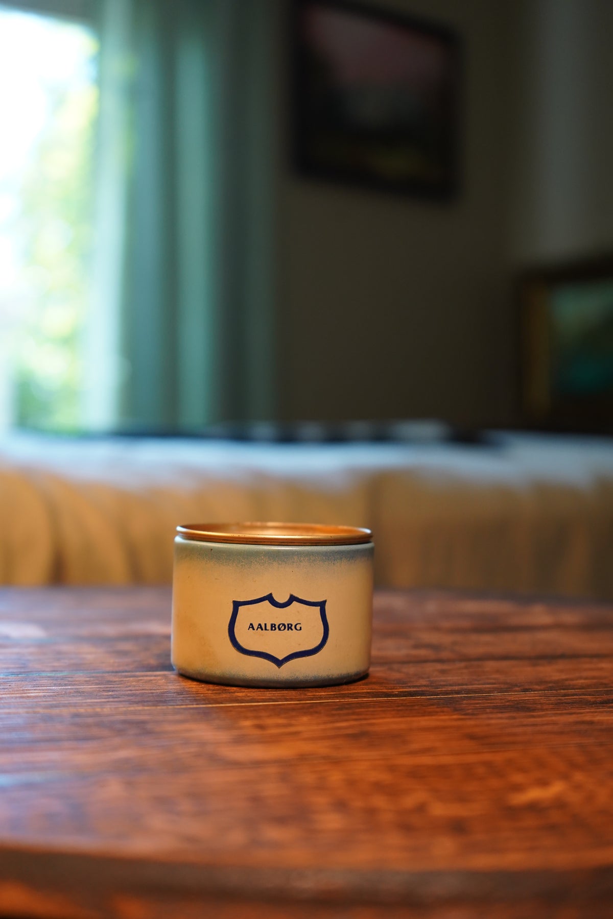 The Tinder Box "Aalborg" Pipe Tobacco Tin, Navy &amp; Cream Tobacciana, c. late 1970s–80s
