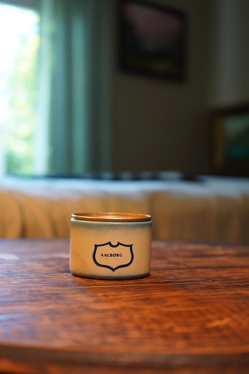 The Tinder Box "Aalborg" Pipe Tobacco Tin, Navy &amp; Cream Tobacciana, c. late 1970s–80s