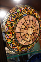 Tiffany-Style Leaded Stained-Glass Lamp Shade — Floral & Sunburst in Amber Slag Glass