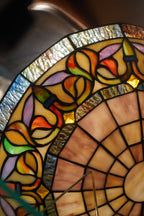 Tiffany-Style Leaded Stained-Glass Lamp Shade — Floral & Sunburst in Amber Slag Glass