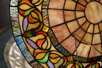 Tiffany-Style Leaded Stained-Glass Lamp Shade — Floral & Sunburst in Amber Slag Glass