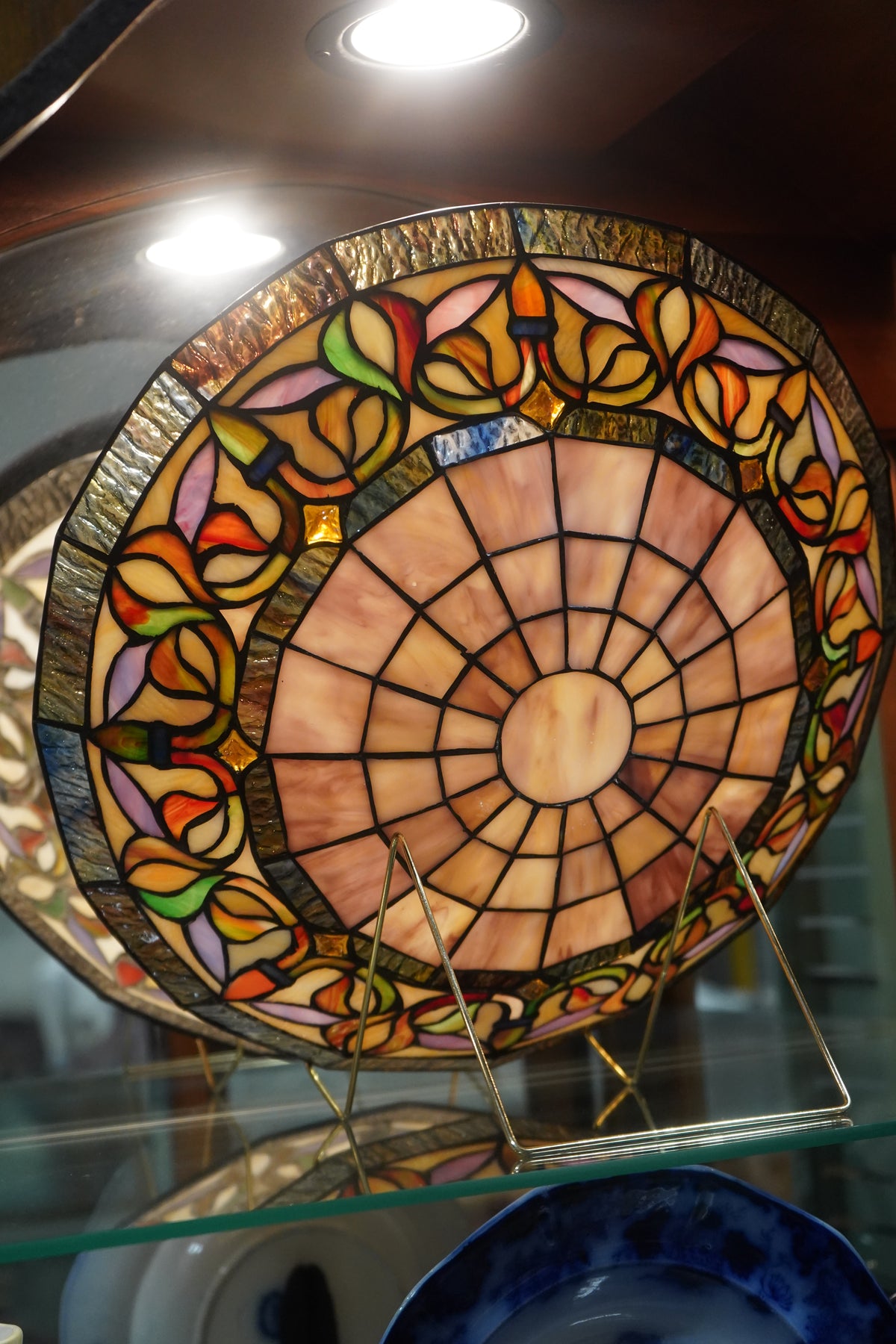 Tiffany-Style Leaded Stained-Glass Lamp Shade — Floral & Sunburst in Amber Slag Glass