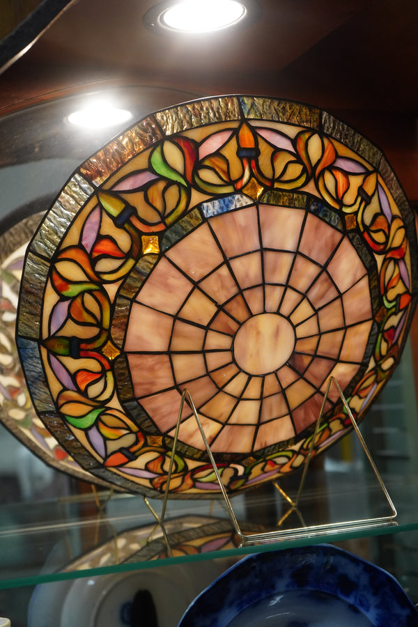 Tiffany-Style Leaded Stained-Glass Lamp Shade — Floral & Sunburst in Amber Slag Glass