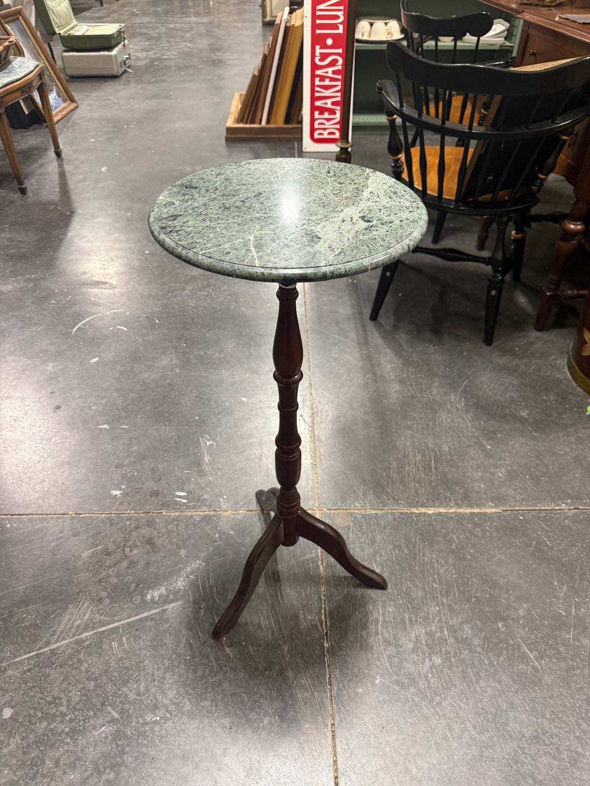 Vintage Green Marble Top Tripod Pedestal Side Table, c. 1955–1985