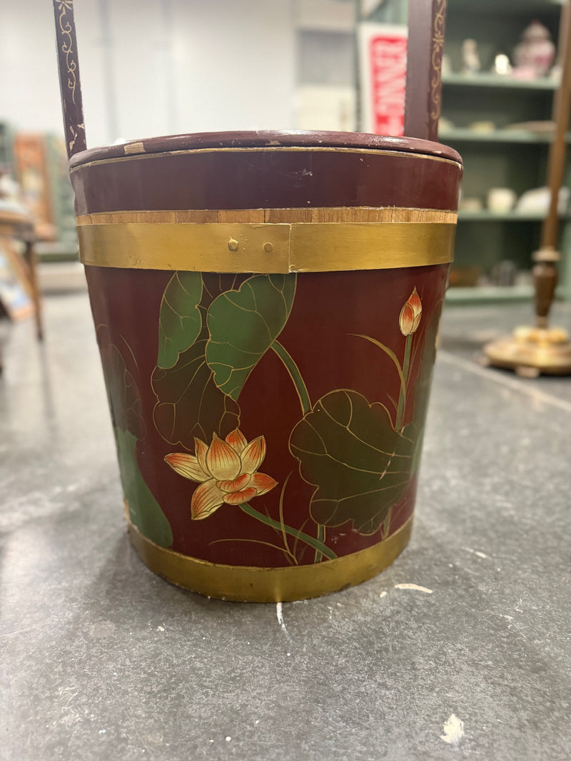 Vintage Chinese Lacquered Lotus and Bird Wedding Bucket, c. 1920–1960