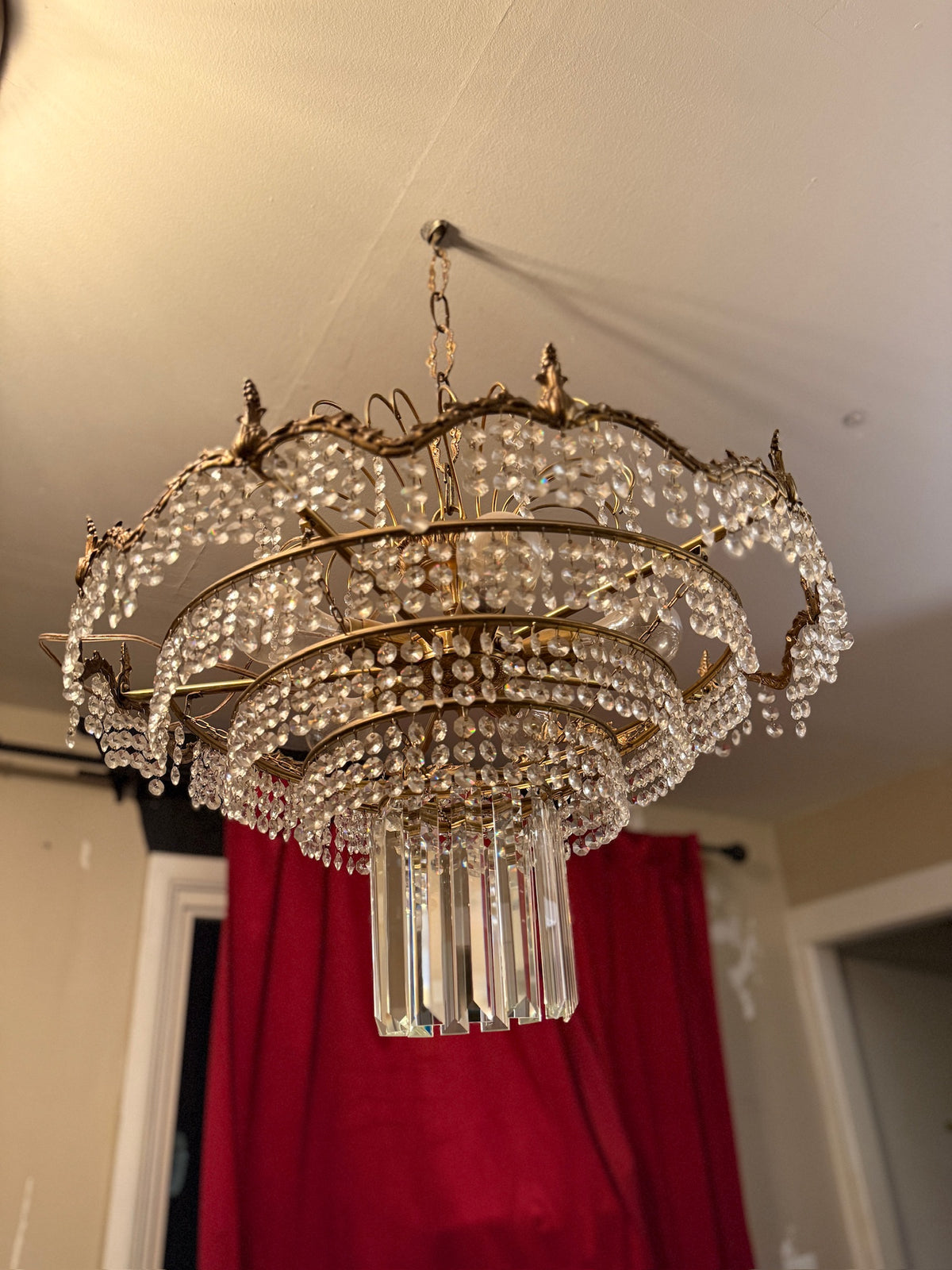 Antique Brass and Crystal Tiered Wedding Cake Chandelier, c. 1910–1940
