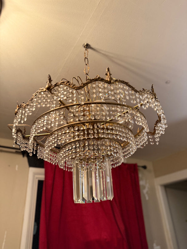 Antique Brass and Crystal Tiered Wedding Cake Chandelier, c. 1910–1940