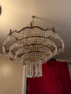 Antique Brass and Crystal Tiered Wedding Cake Chandelier, c. 1910–1940