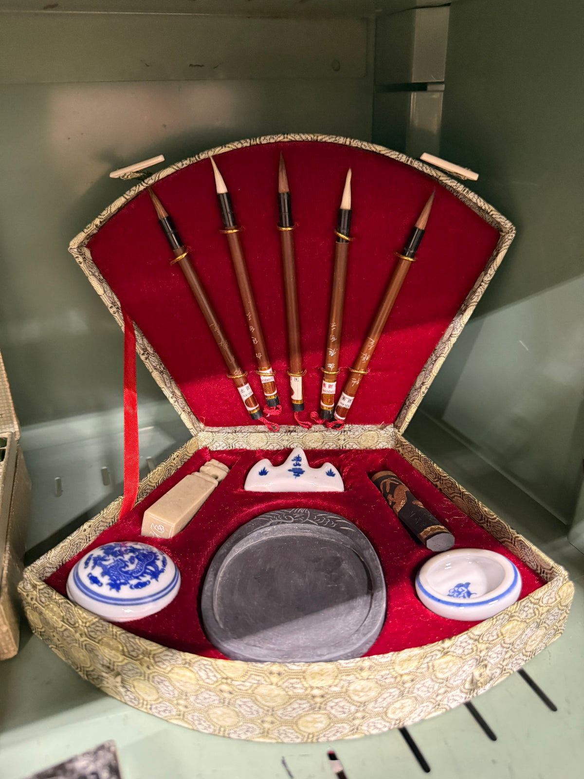 Vintage Chinese Calligraphy Set, Inkstone and Brushes, c. 1982–2000