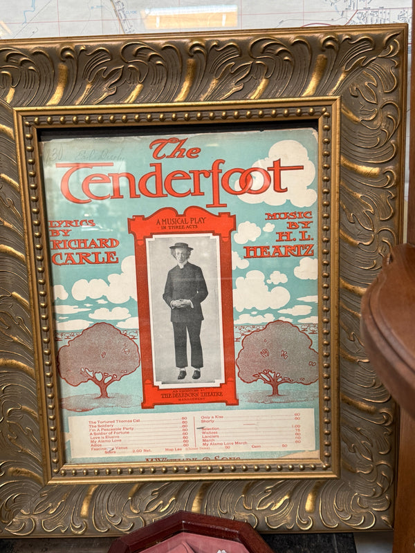 Antique The Tenderfoot Framed Sheet Music Cover, Witmark, c. 1903–1904
