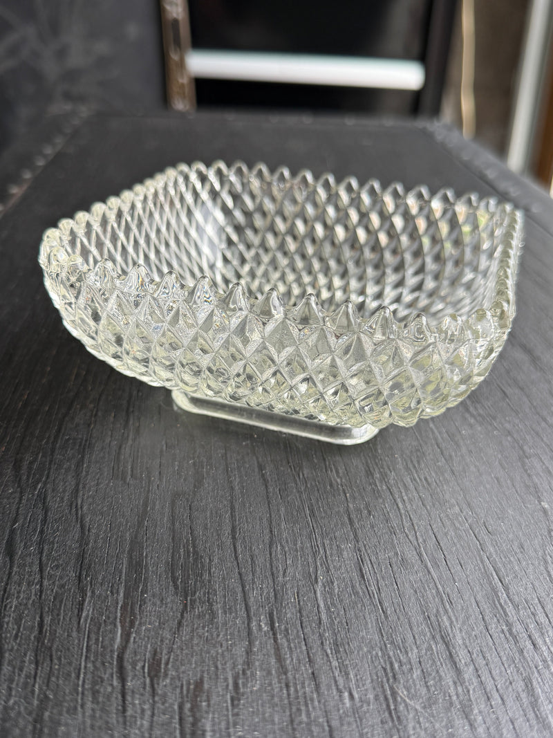 Vintage Diamond Point Pressed Glass Square Footed Bowl, c. 1930–1970