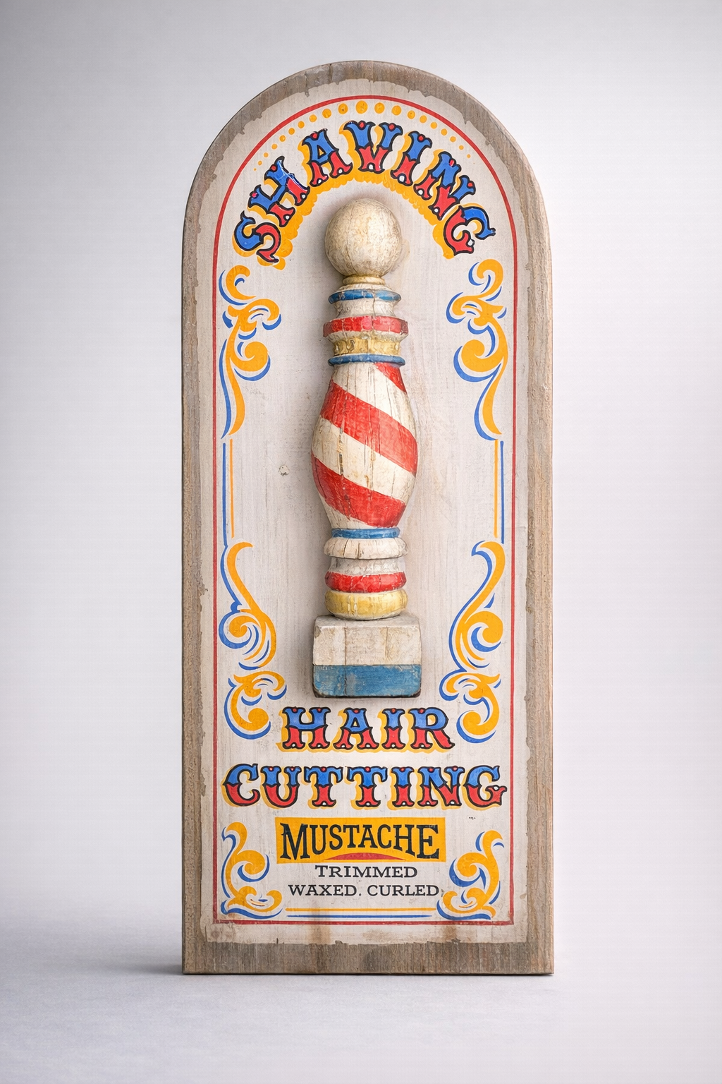 Vintage Barbershop Shaving Sign with Hand-Painted Barber Pole Motif