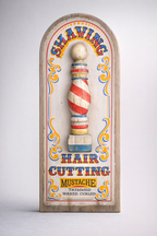 Vintage Barbershop Shaving Sign with Hand-Painted Barber Pole Motif
