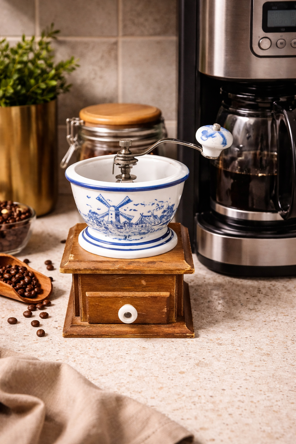 Vintage Blue & White Dutch Windmill Coffee Grinder
