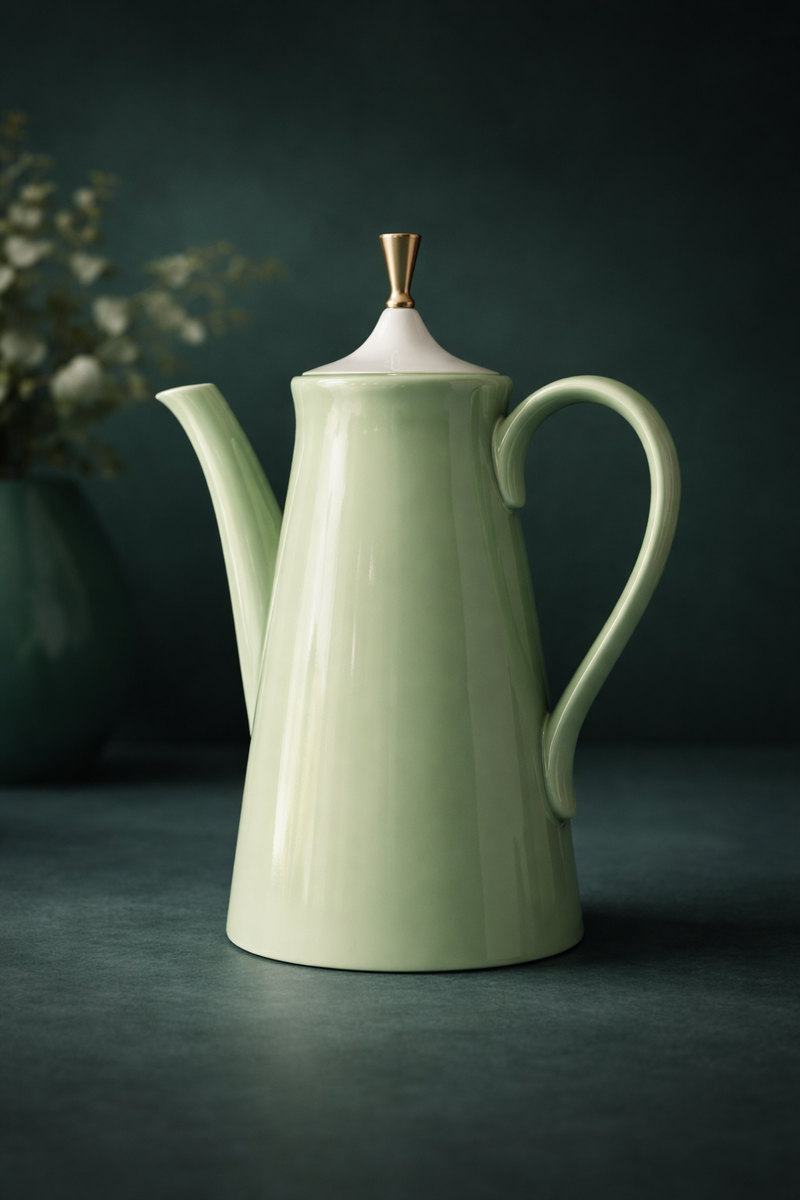 Vintage Celadon Green Coffee Pot with White Lid and Brass Finial