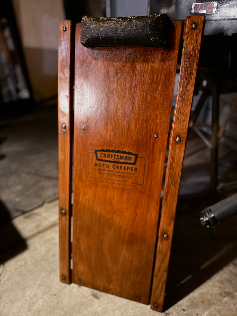 Vintage Craftsman Auto Creeper (c. 1950s–1960s) — Hardwood Rol-Ez-E Wheels, Sears Roebuck Garage Tool