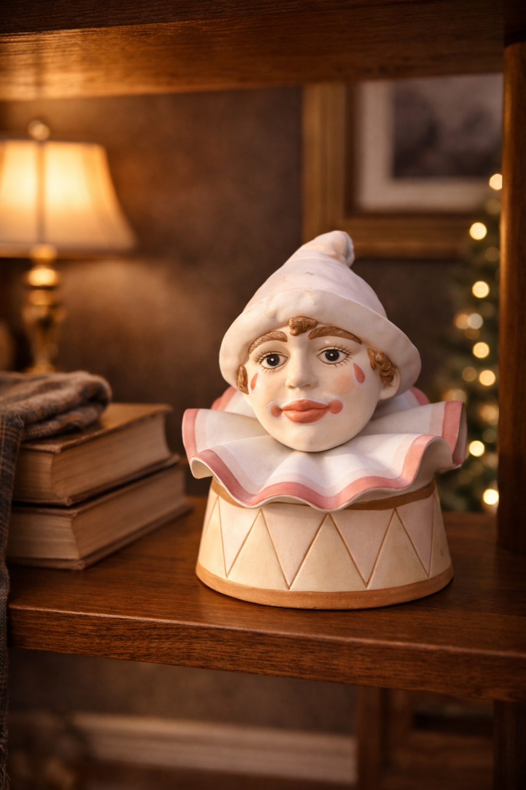 Vintage Enesco Harlequin Clown Head Ceramic Box, 1985