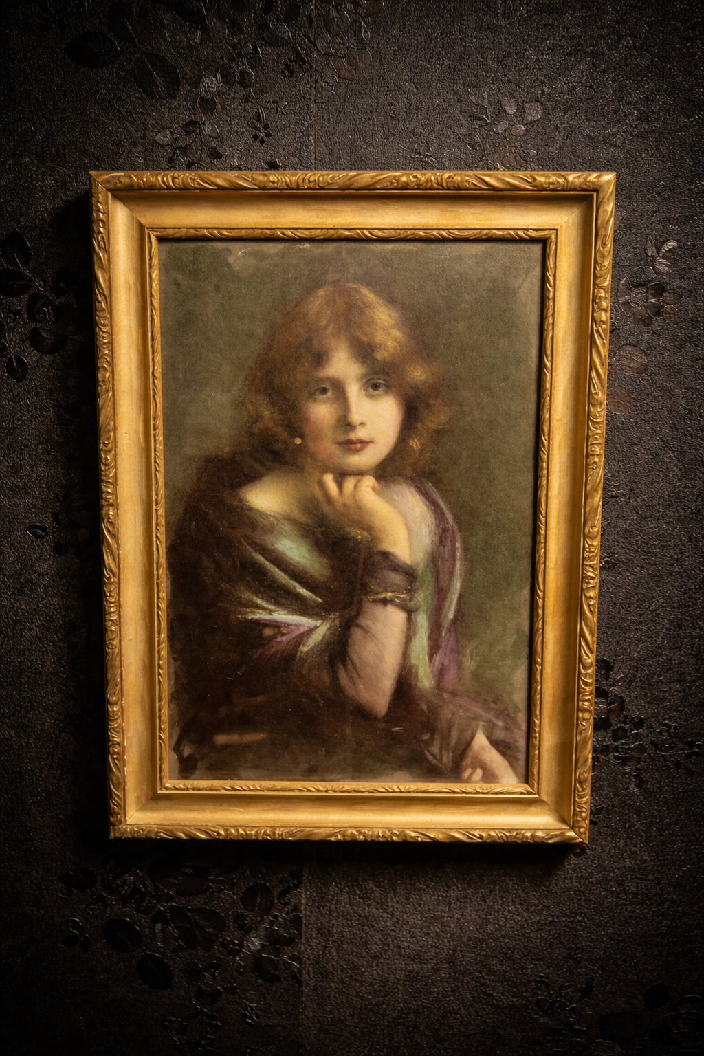 Vintage Framed Portrait Print of Young Woman in Ornate Gold Frame