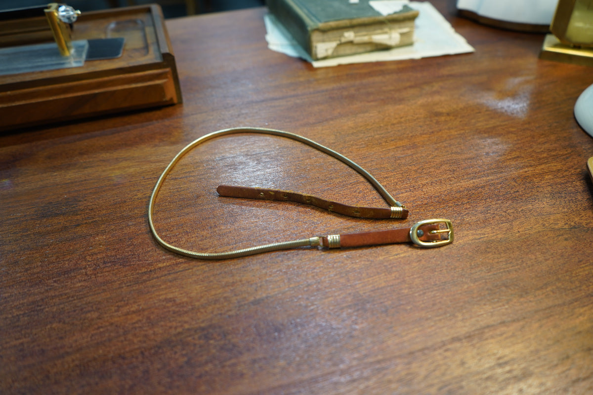 Vintage Gold Stretch Snake-Chain Belt with Leather Buckle, c. Late 1970s–80s