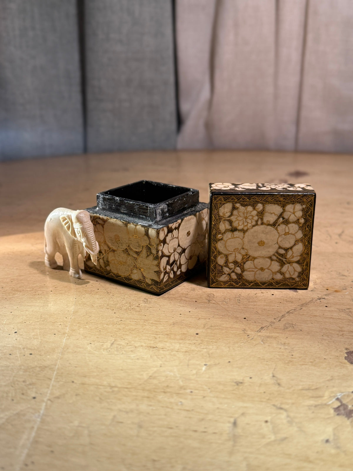 Vintage Kashmir Bone Inlay Trinket Box & Bone Elephant c.1960s Srinagar India