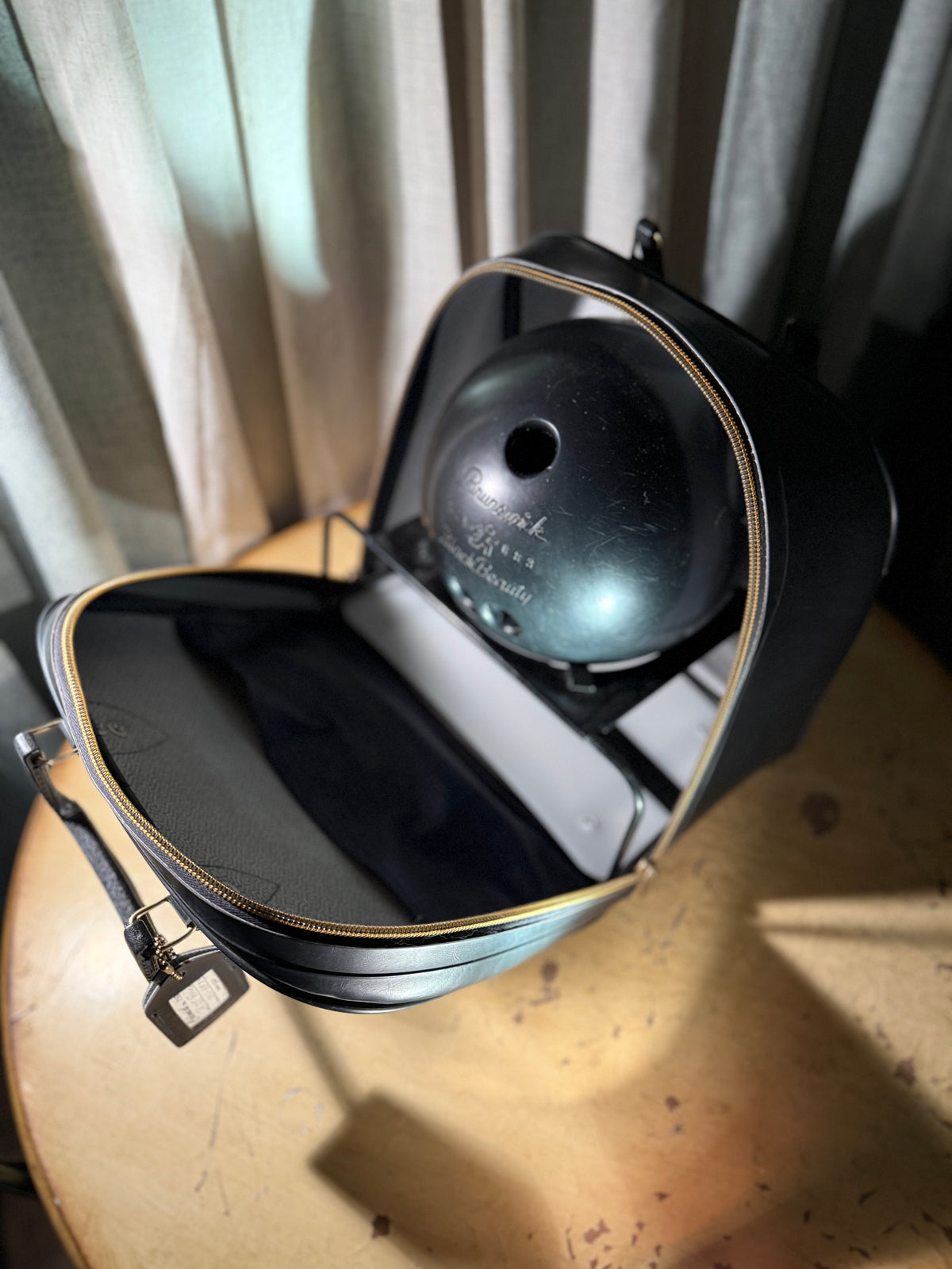 Vintage Mid-Century Brunswick Black Beauty Bowling Ball with Case, Model 7501, c. 1950s