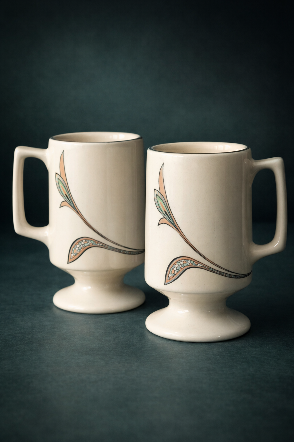 Vintage Pedestal Mugs with Geometric Floral Motif, Set of 2