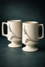 Vintage Pedestal Mugs with Geometric Floral Motif, Set of 2