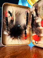 Vintage Perrine Fly Fishing Box with Hand-Tied Trout Flies, Aluminum Fly Box c. 1965