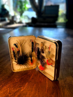 Vintage Perrine Fly Fishing Box with Hand-Tied Trout Flies, Aluminum Fly Box c. 1965