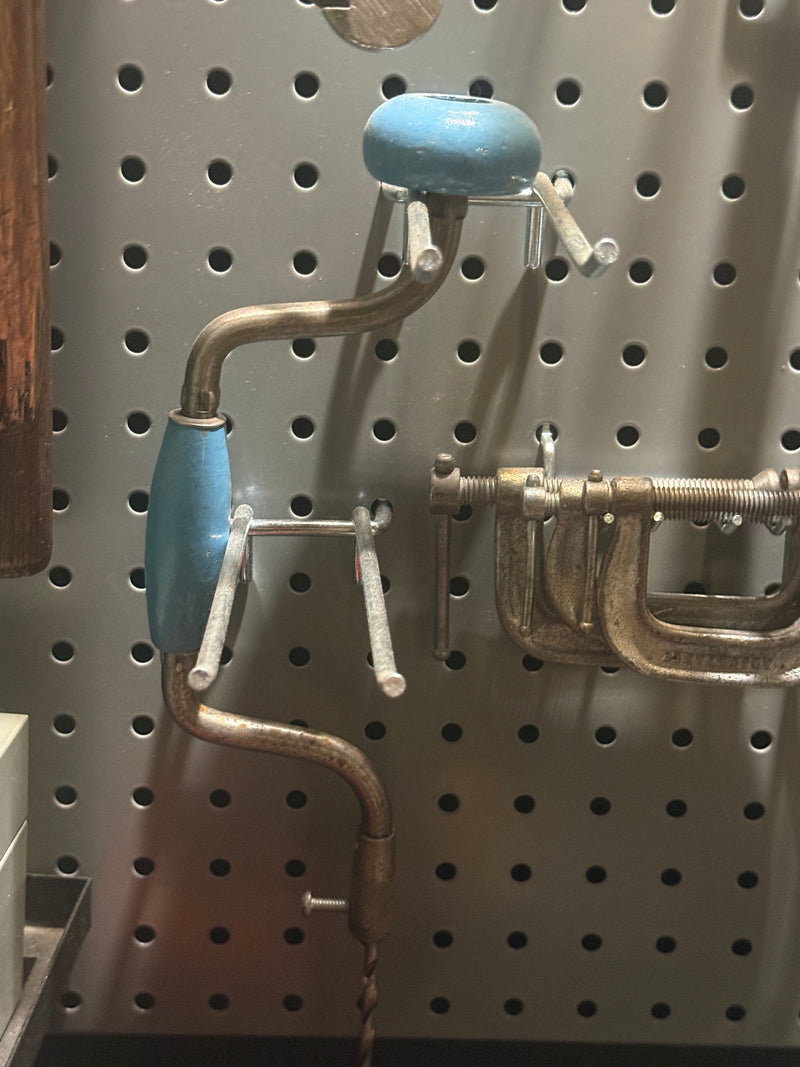 Vintage Ratcheting Bit Brace, Blue-Painted Head and Grip, Nickel Frame, Auger Bit Included, American, c. 1940–1965
