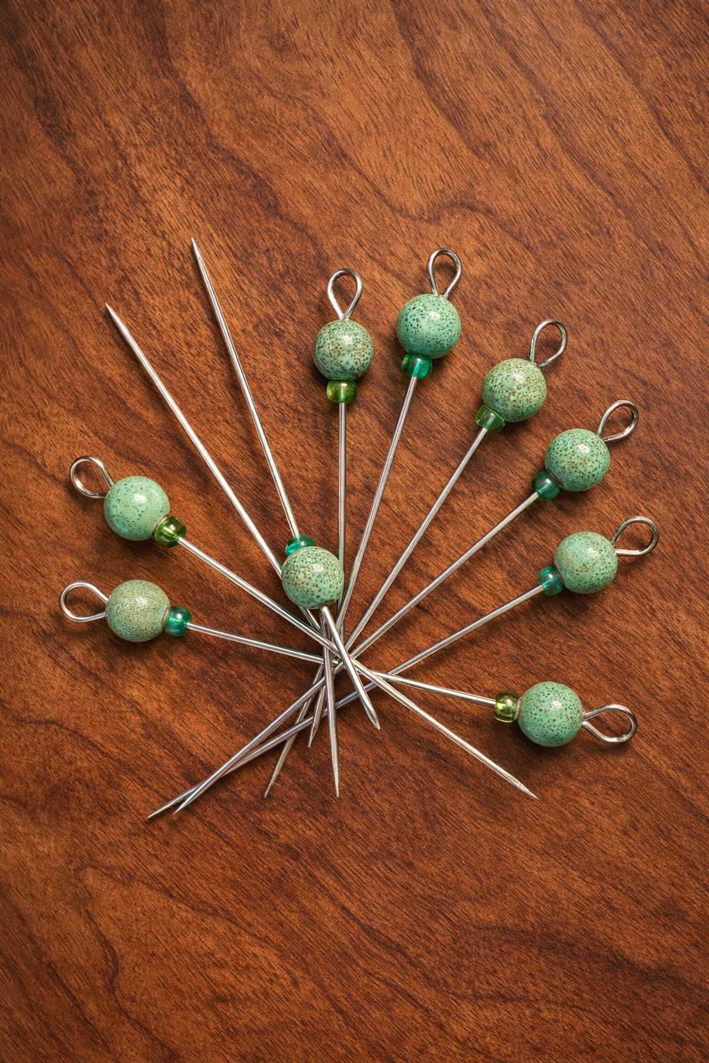 Vintage Set of 16 Hat-Quilt Pins with Speckled Green Ceramic Beads