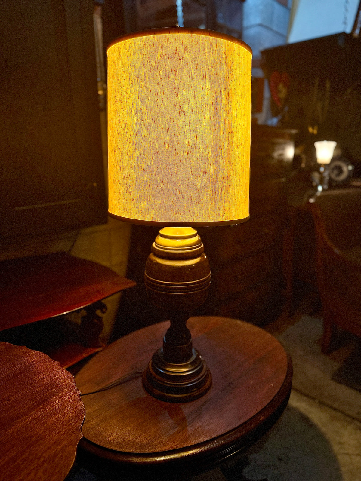 Vintage Turned Wood Table Lamp w/ Brass Collar & Parchment Shade • 1940s–50s