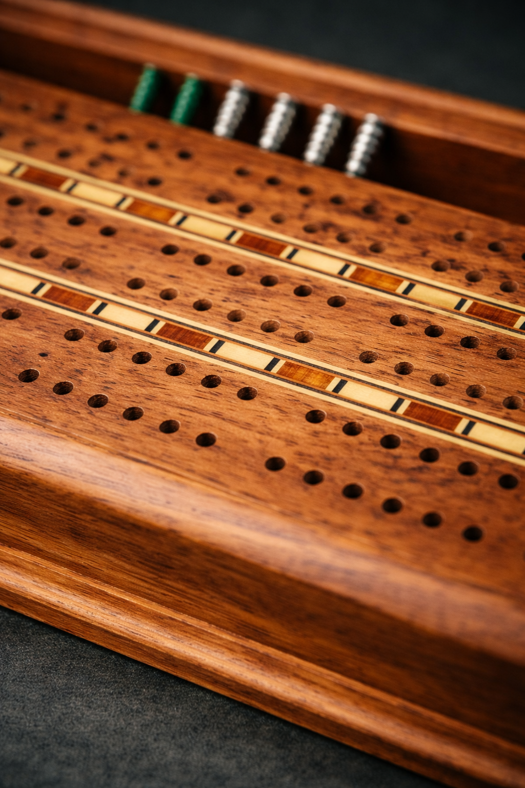 Vintage Wooden Cribbage Board Set with Playing Cards