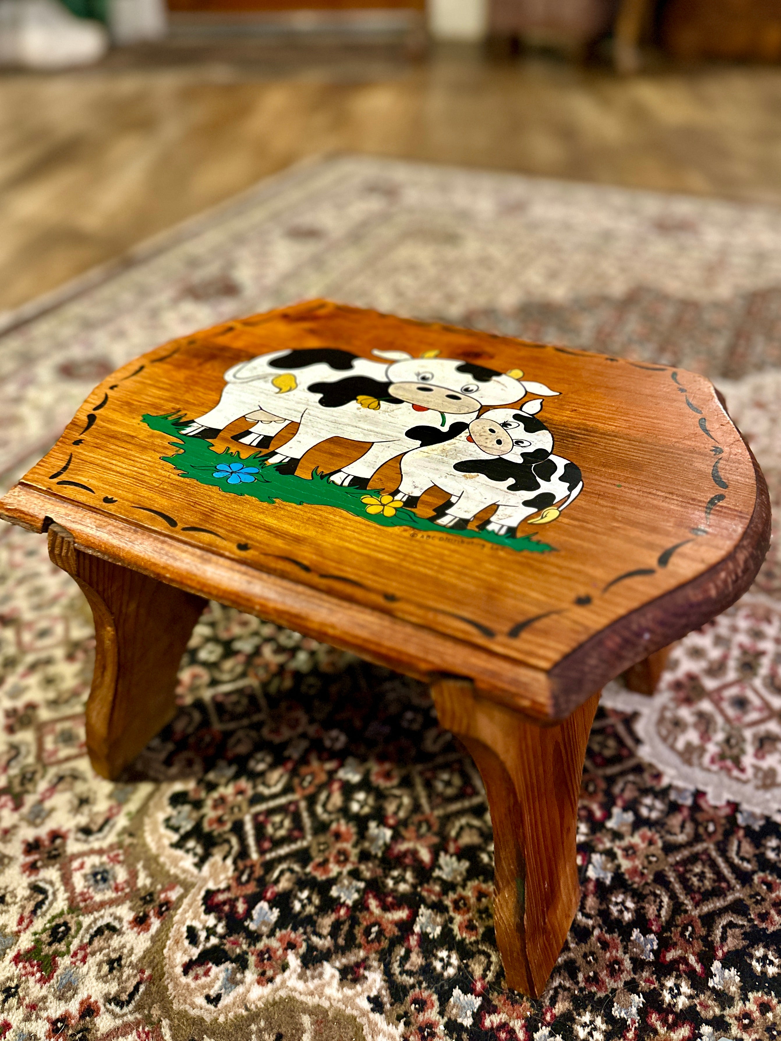 Vintage Wooden Milking Stool Cow Folk Art Footstool c.1980s