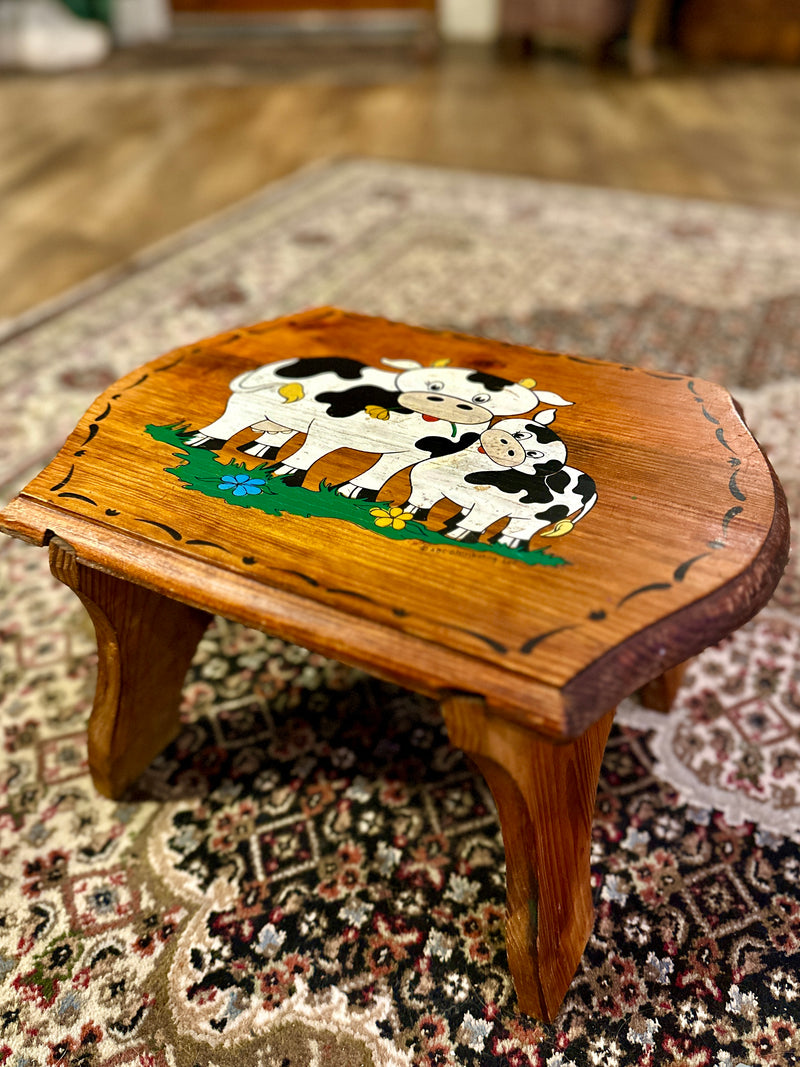 Vintage Wooden Milking Stool Cow Folk Art Footstool c.1980s