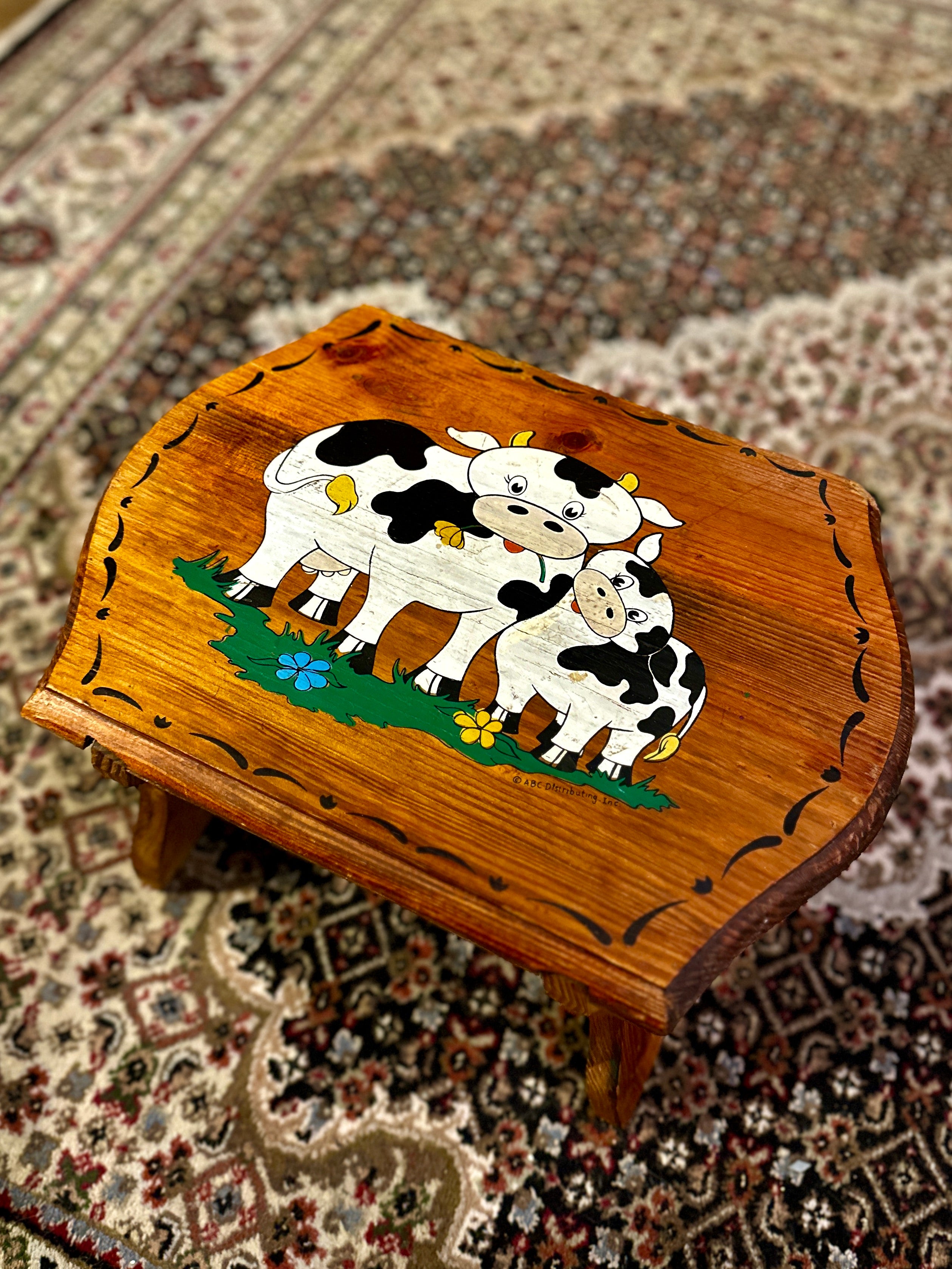 Vintage Wooden Milking Stool Cow Folk Art Footstool c.1980s