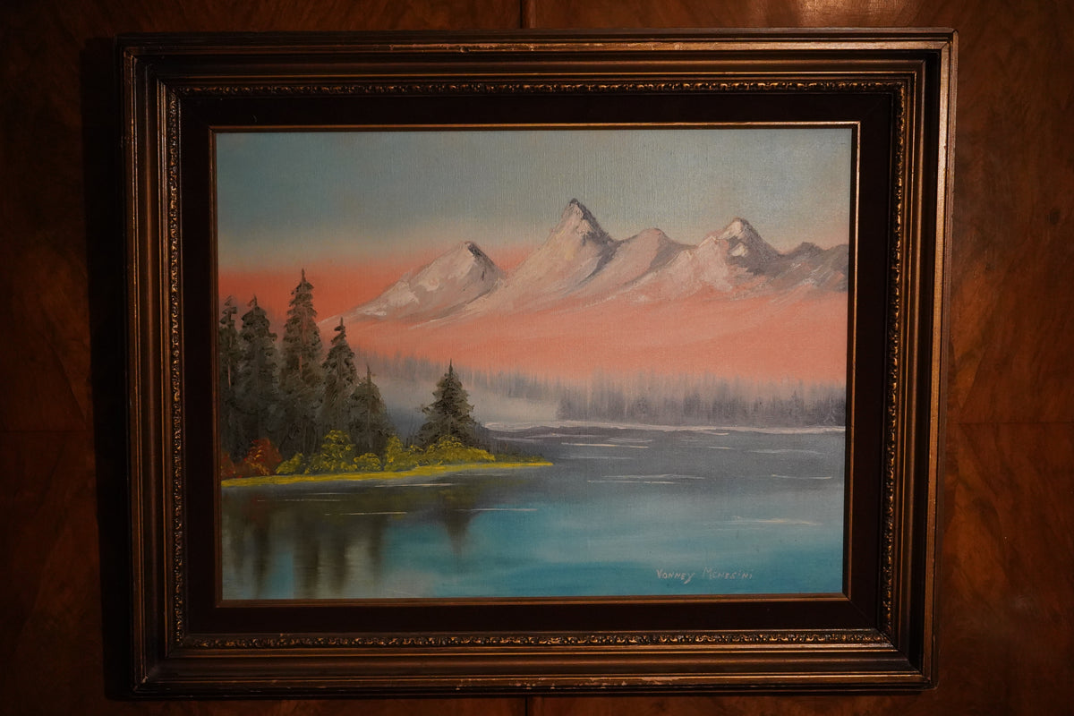 Vonney Menesini Original Oil Painting — Sunset Over a Mountain Lake, Framed, c. 1980s–90s